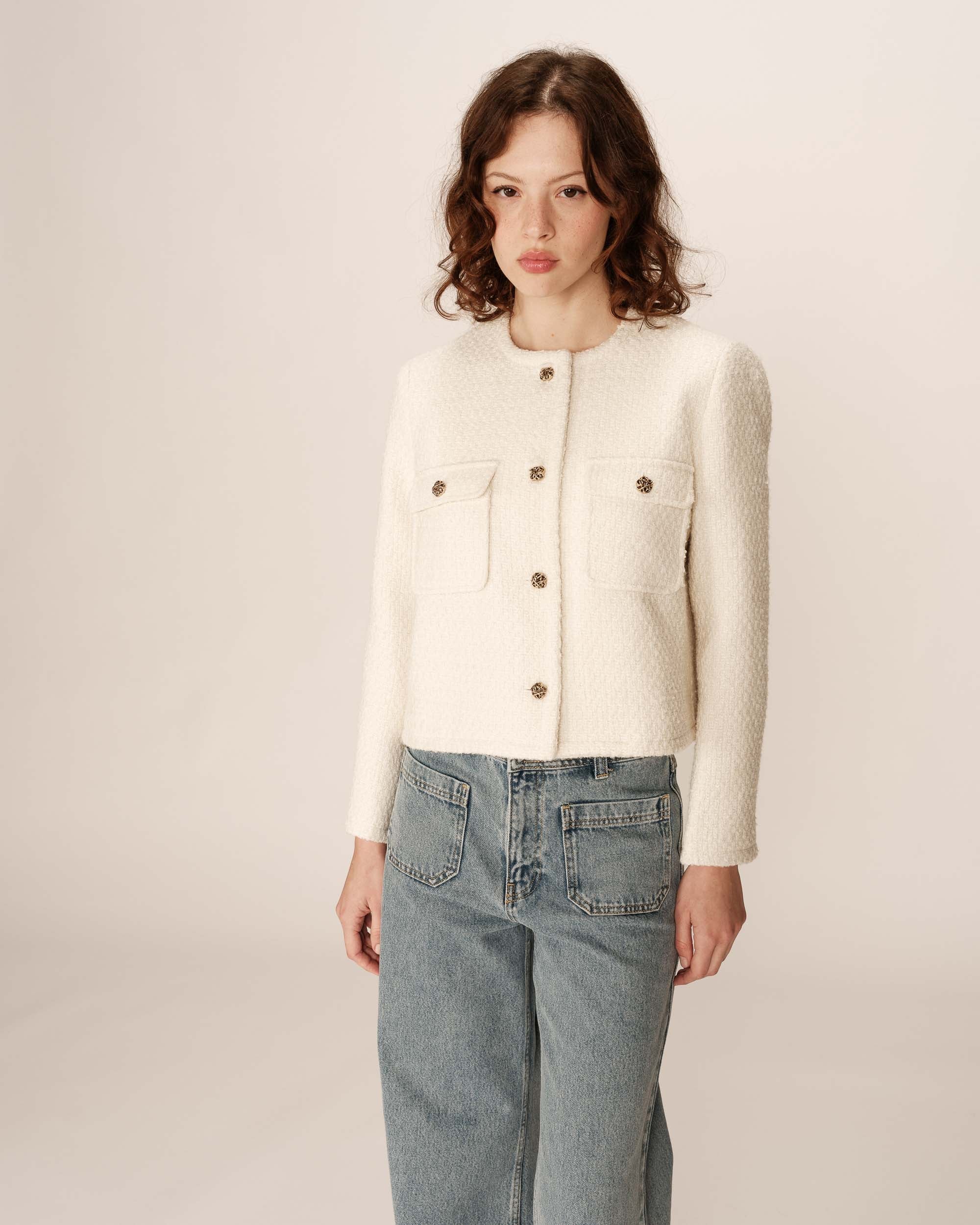 Veste Courte Sans Col Ecru Prune