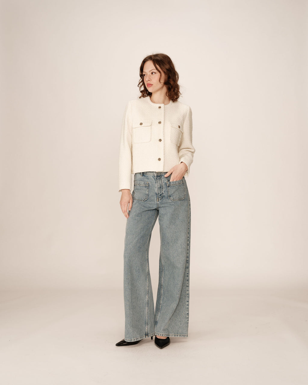 Veste Courte Sans Col Ecru Prune