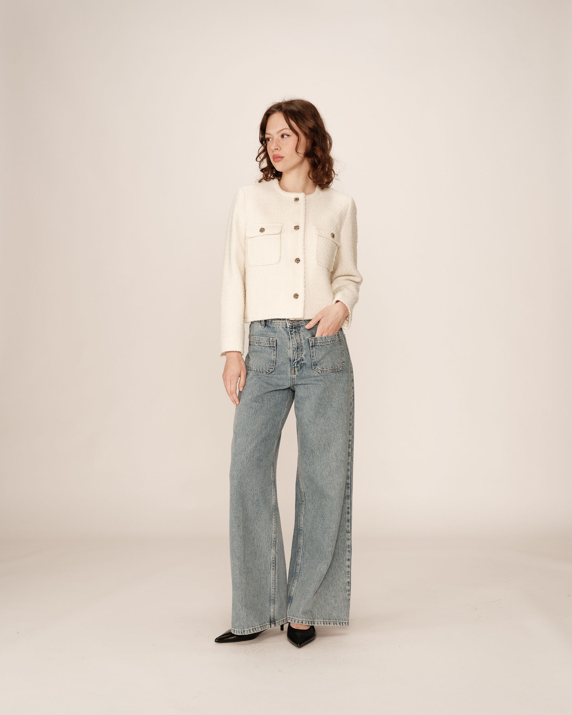 Veste Courte Sans Col Ecru Prune