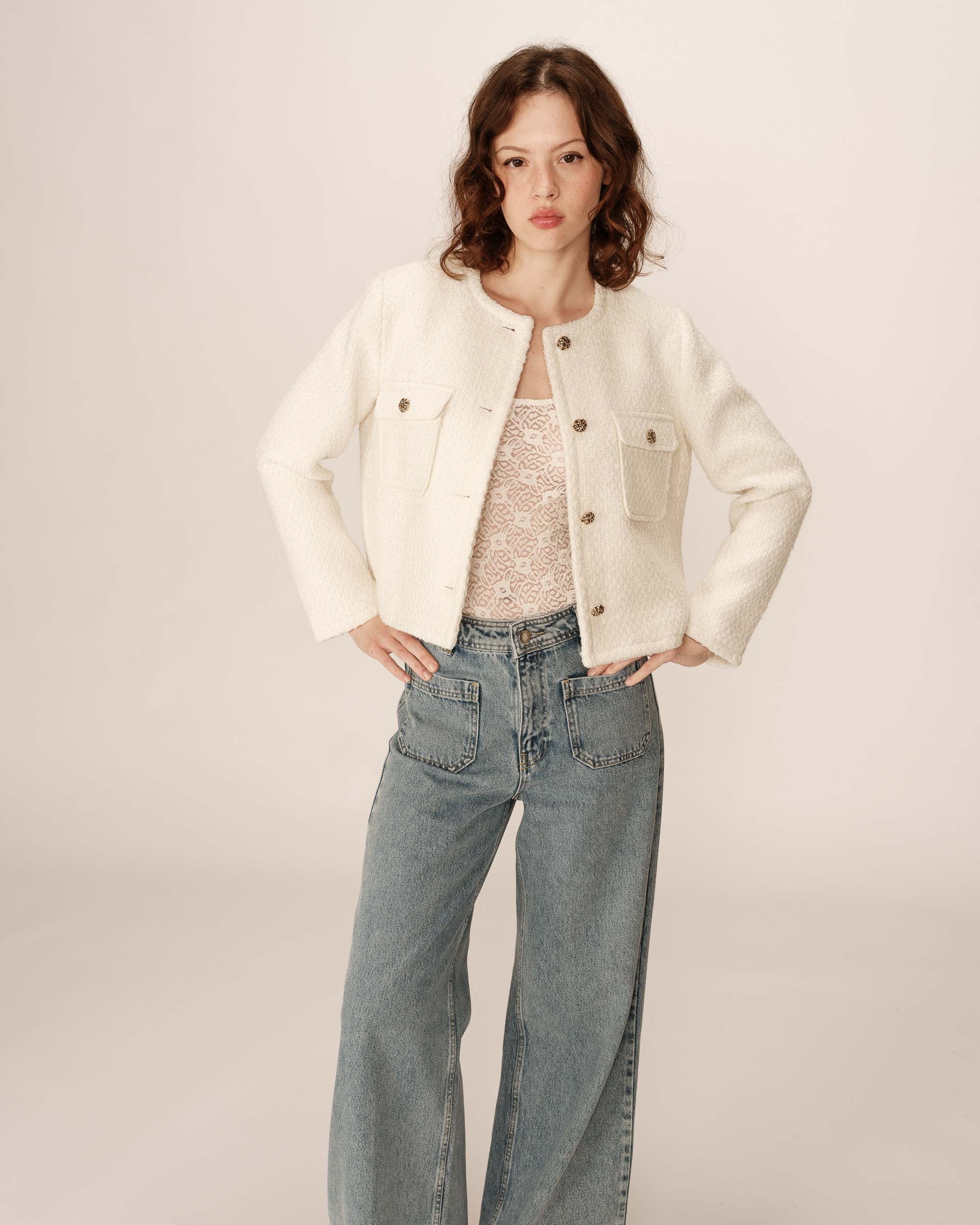 Veste Courte Sans Col Ecru Prune