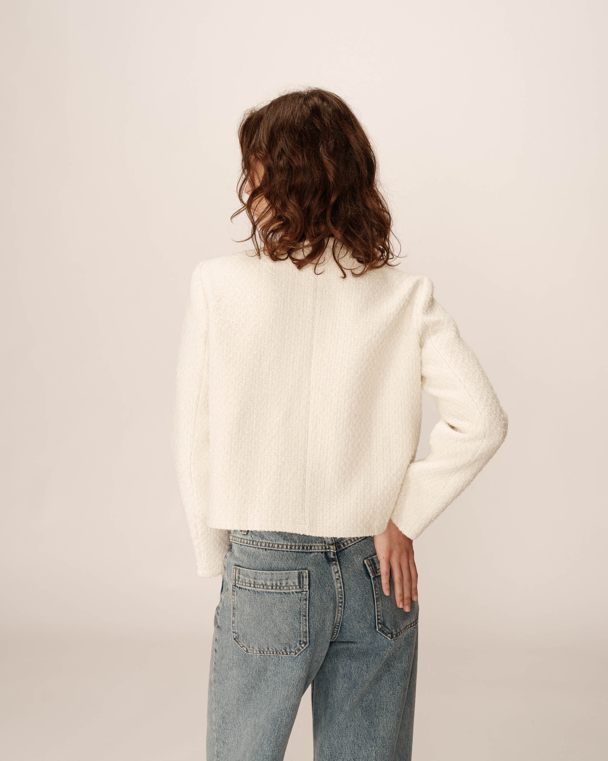 Veste Courte Sans Col Ecru Prune