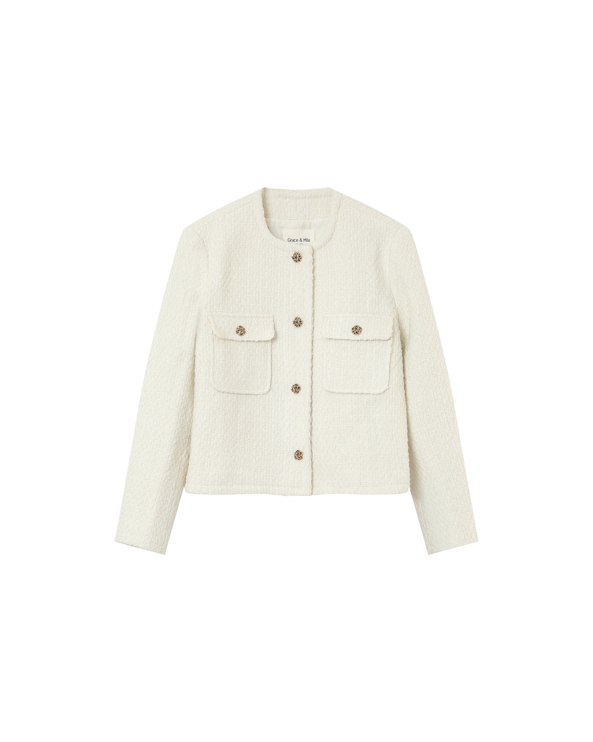 Veste Courte Sans Col Ecru Prune