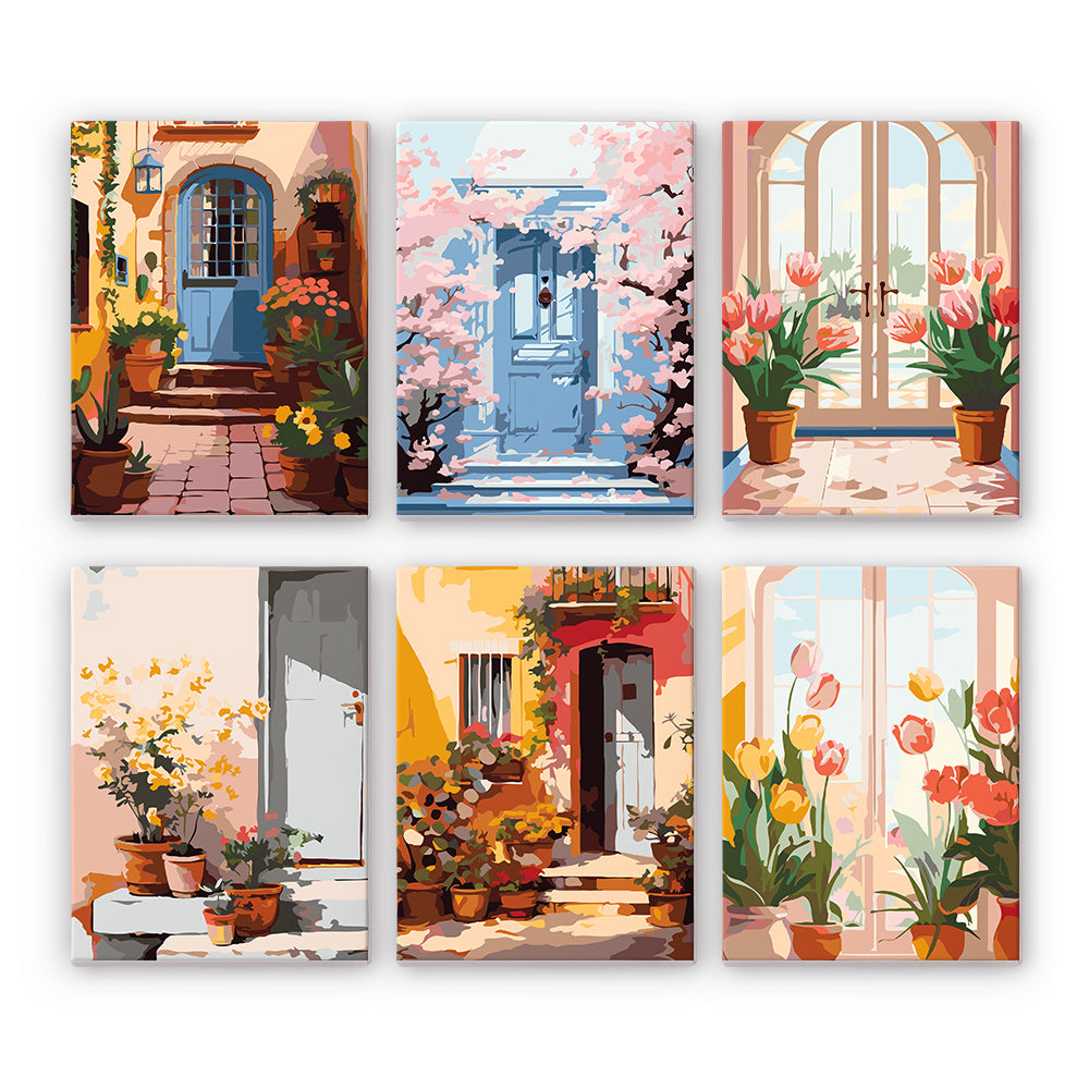 Mini Paint By Numbers 15X20Cm (6 Pieces) - European Architecture And Flowers