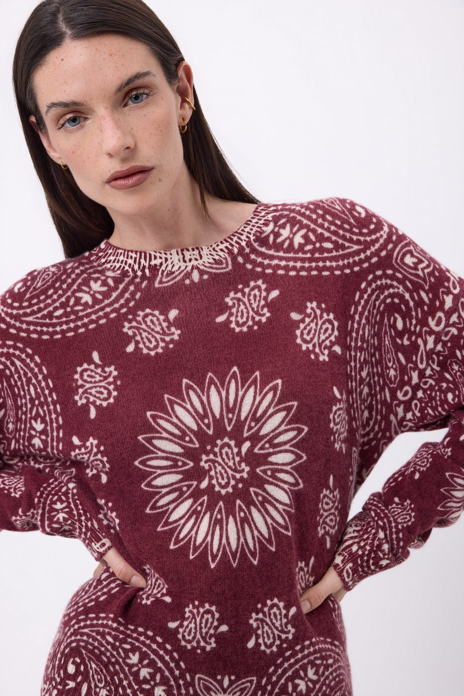 Jersey de cuello redondo con estampado bandana Presley - Burdeos estampado blanco - Mujer
