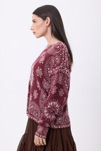 Jersey de cuello redondo con estampado bandana Presley - Burdeos estampado blanco - Mujer