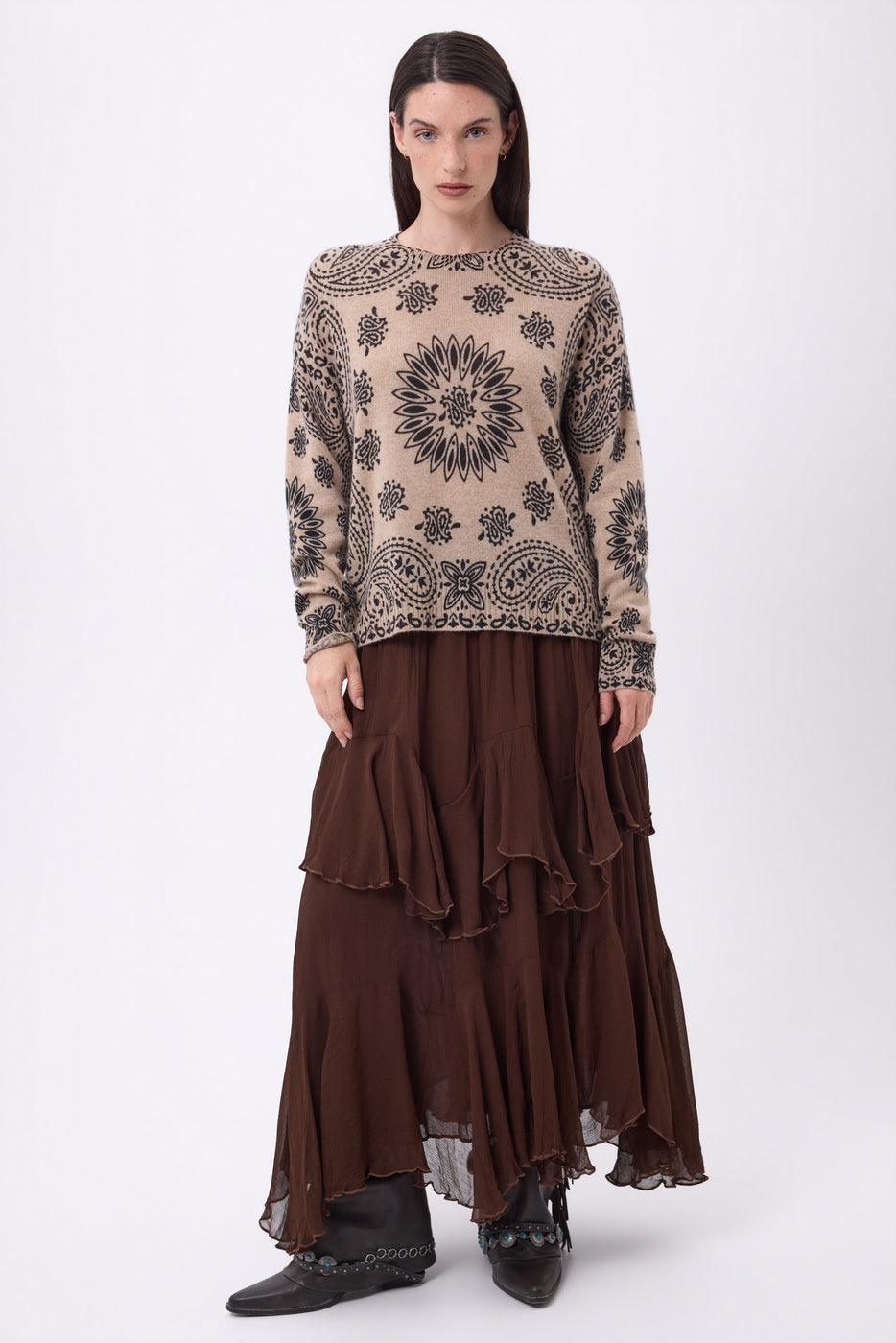 Pull Col Rond Print Bandana Presley - Beige Creme Imprime Noir - Femme