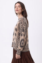 Pull Col Rond Print Bandana Presley - Beige Creme Imprime Noir - Femme