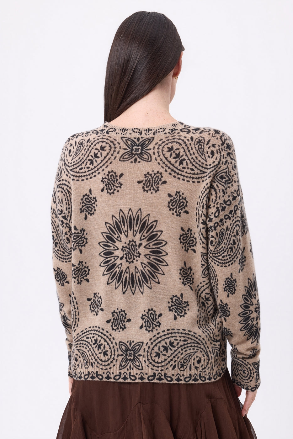 Pull Col Rond Print Bandana Presley - Beige Creme Imprime Noir - Femme