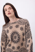 Pull Col Rond Print Bandana Presley - Beige Creme Imprime Noir - Femme