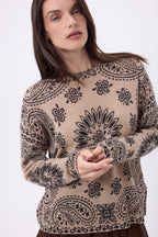 Pull Col Rond Print Bandana Presley - Beige Creme Imprime Noir - Femme