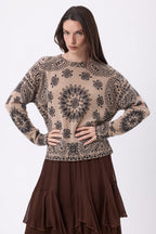 Pull Col Rond Print Bandana Presley - Beige Creme Imprime Noir - Femme