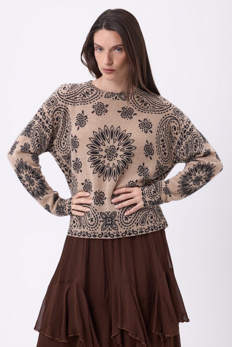 Pull Col Rond Print Bandana Presley - Beige Creme Imprime Noir - Femme