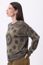 Pull Col Rond Print Bandana Presley - Khaki Chine Imprime Noir - Femme