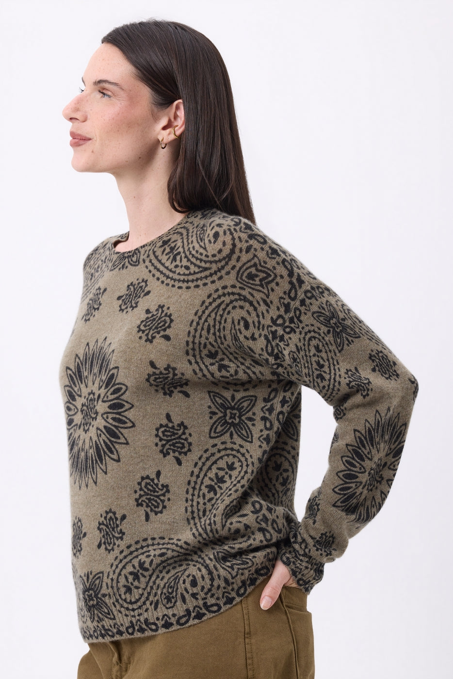 Pull Col Rond Print Bandana Presley - Khaki Chine Imprime Noir - Femme