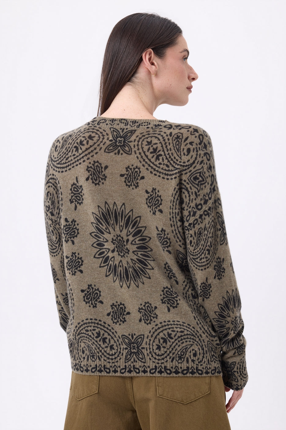 Pull Col Rond Print Bandana Presley - Khaki Chine Imprime Noir - Femme