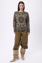 Pull Col Rond Print Bandana Presley - Khaki Chine Imprime Noir - Femme