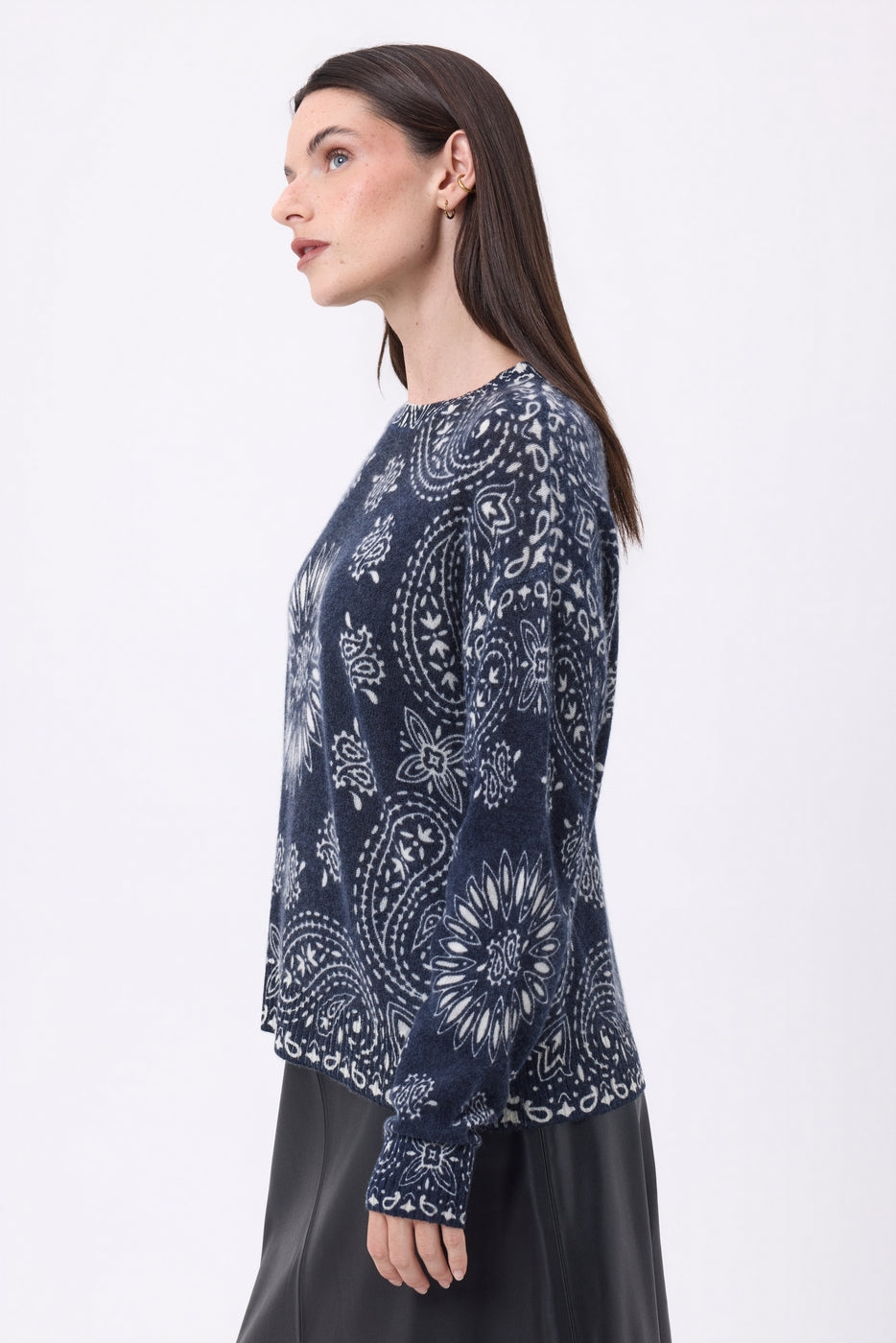 Pull Col Rond Print Bandana Presley - Bleu Marine Imprime Blanc - Femme