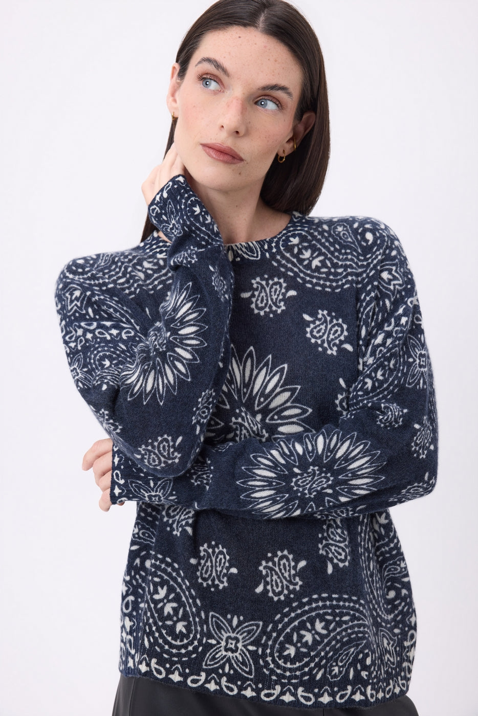 Pull Col Rond Print Bandana Presley - Bleu Marine Imprime Blanc - Femme