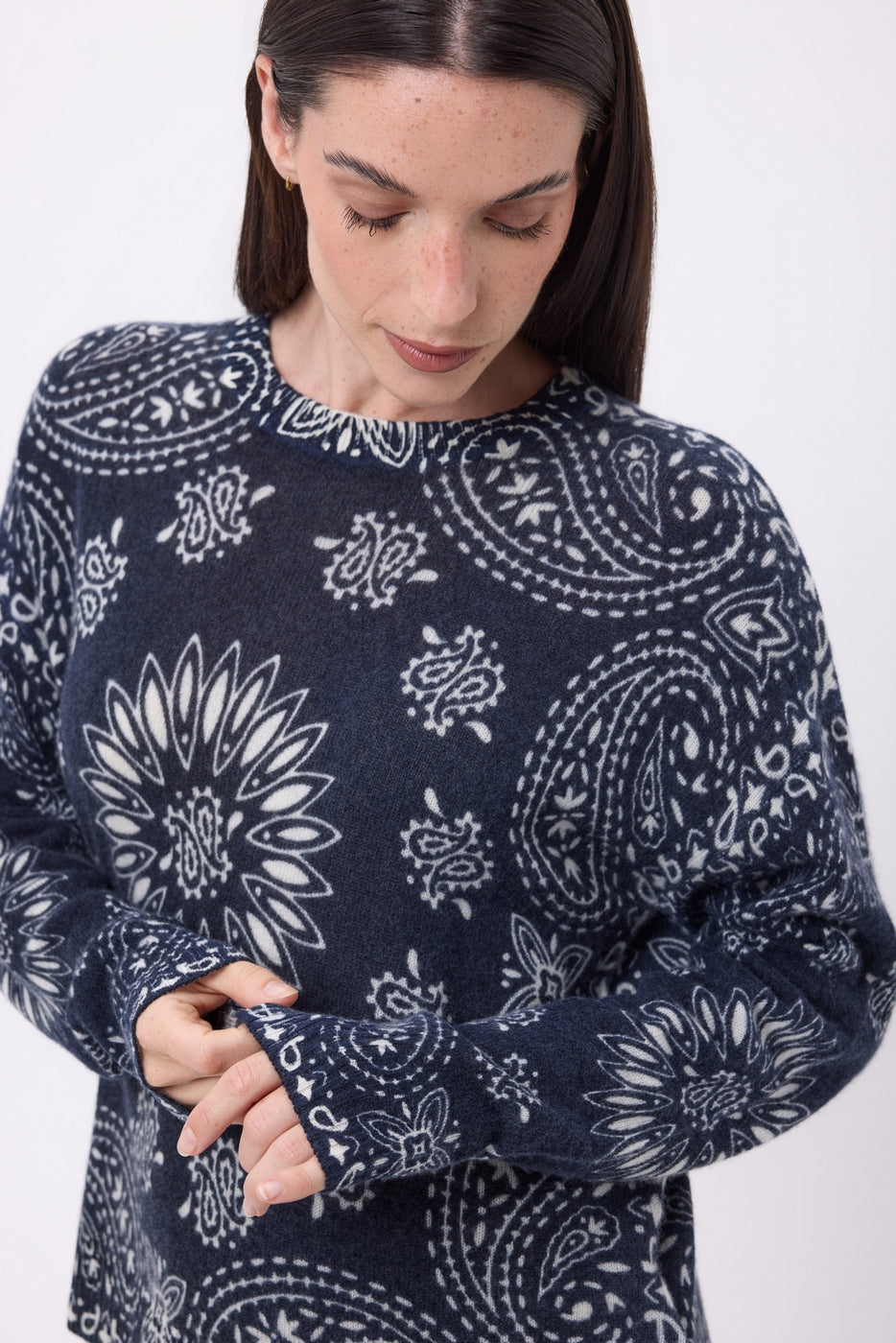 Pull Col Rond Print Bandana Presley - Bleu Marine Imprime Blanc - Femme