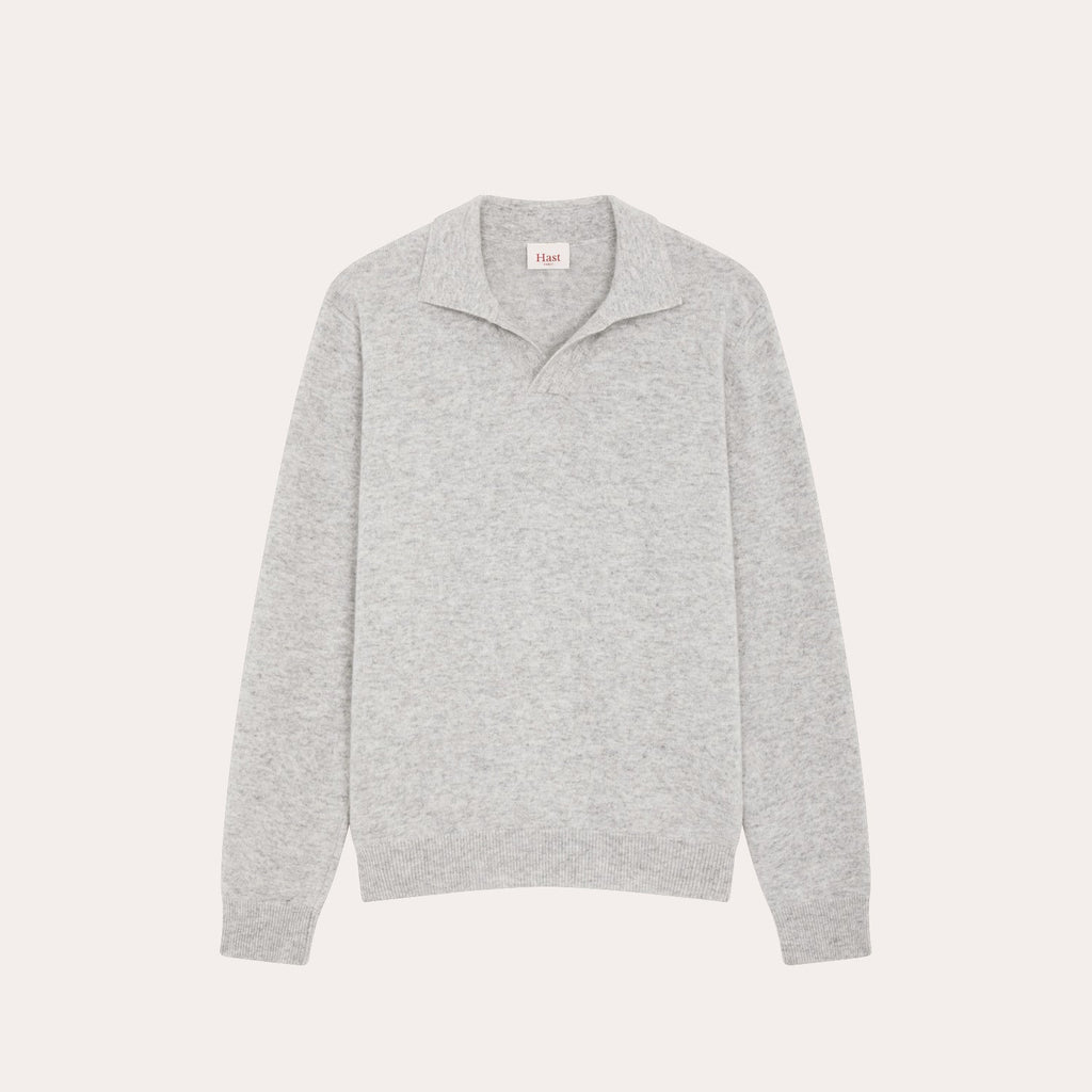 Pull À Col Polo En Laine Mérinos Gris Chiné