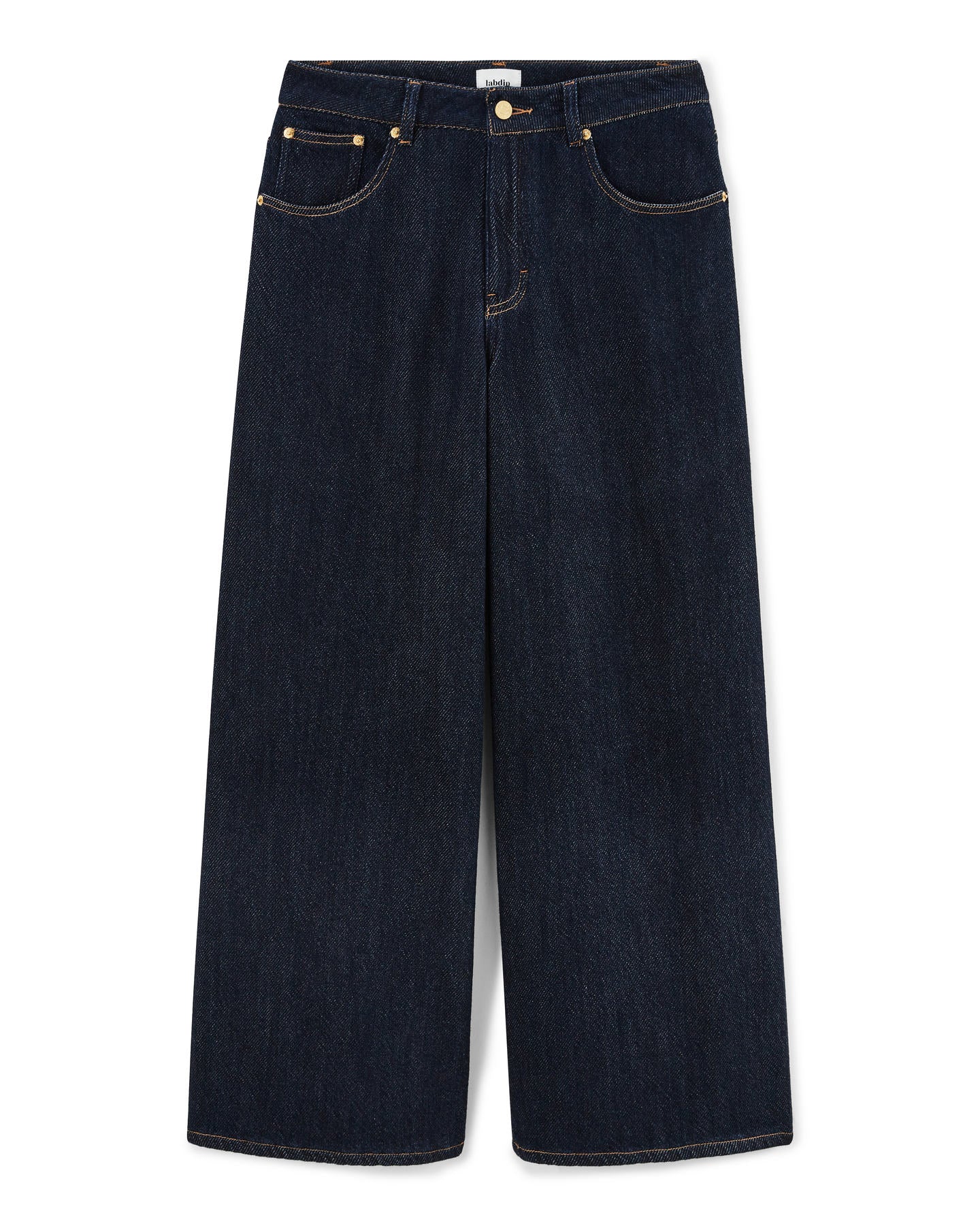 Jean large en denim bleu foncé 100 % coton avec une coupe droite ajustée, conçu pour s’adapter parfaitement à toutes les morphologies féminines.