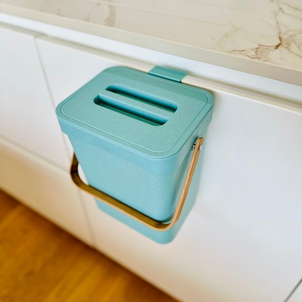 BODEN Blue 5L Recycled Plastic Table Bin with Bamboo Handle