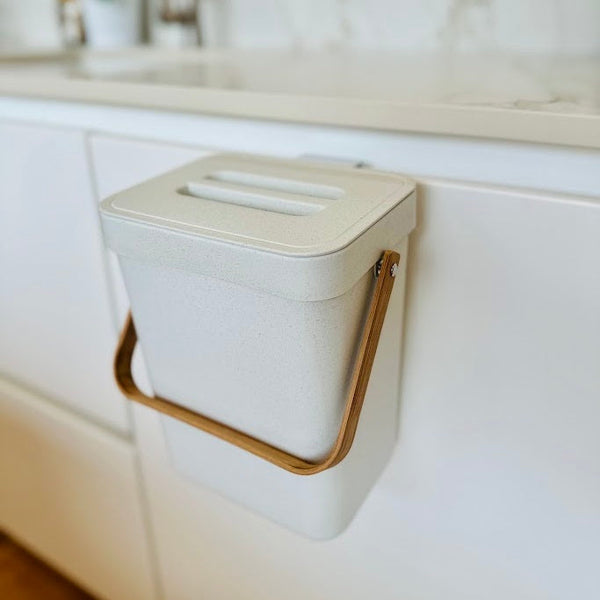 BODEN White 5L Recycled Plastic Table Bin with Bamboo Handle