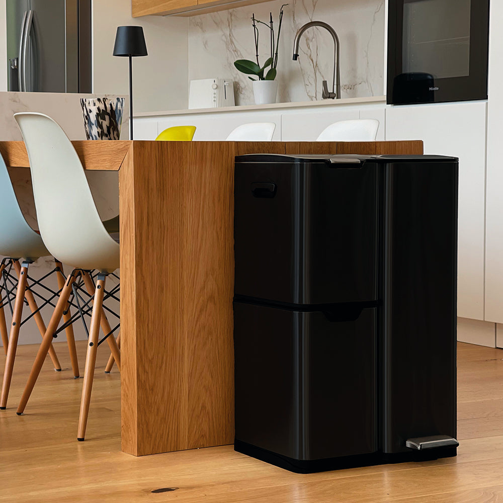 Cubo de basura de cocina con pedal para separación selectiva y reciclaje 60L(13+17+30L) HAJA de acero inoxidable negro con cubo