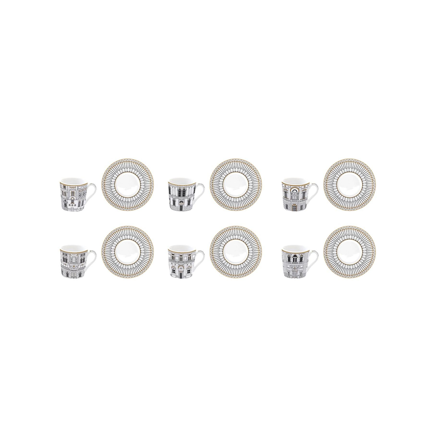 Palazzo - Set De 6 Tasses À Café Avec Soucoupes - Porcelaine - Blanc, Noir Et Or