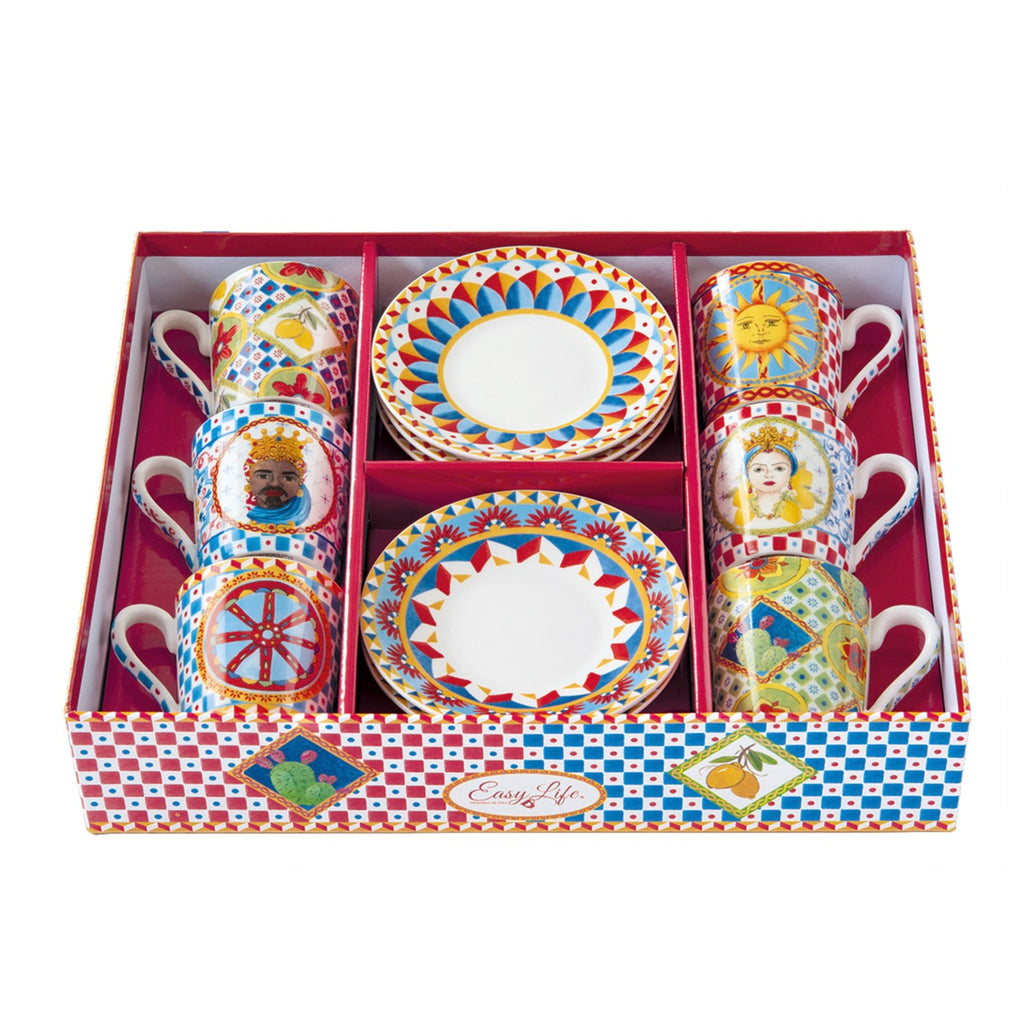 Sicily - Set De 6 Tasses À Café Avec Soucoupes - Porcelaine - Multicolore