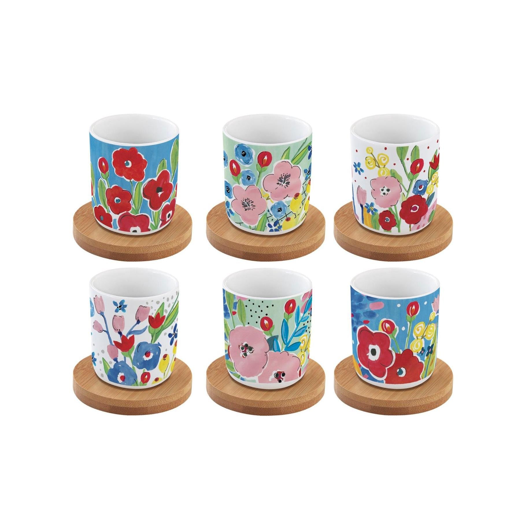 En Plein Air - Set De 6 Tasses À Café Avec Soucoupes En Bambou - Porcelaine Et Bambou - Multicolore