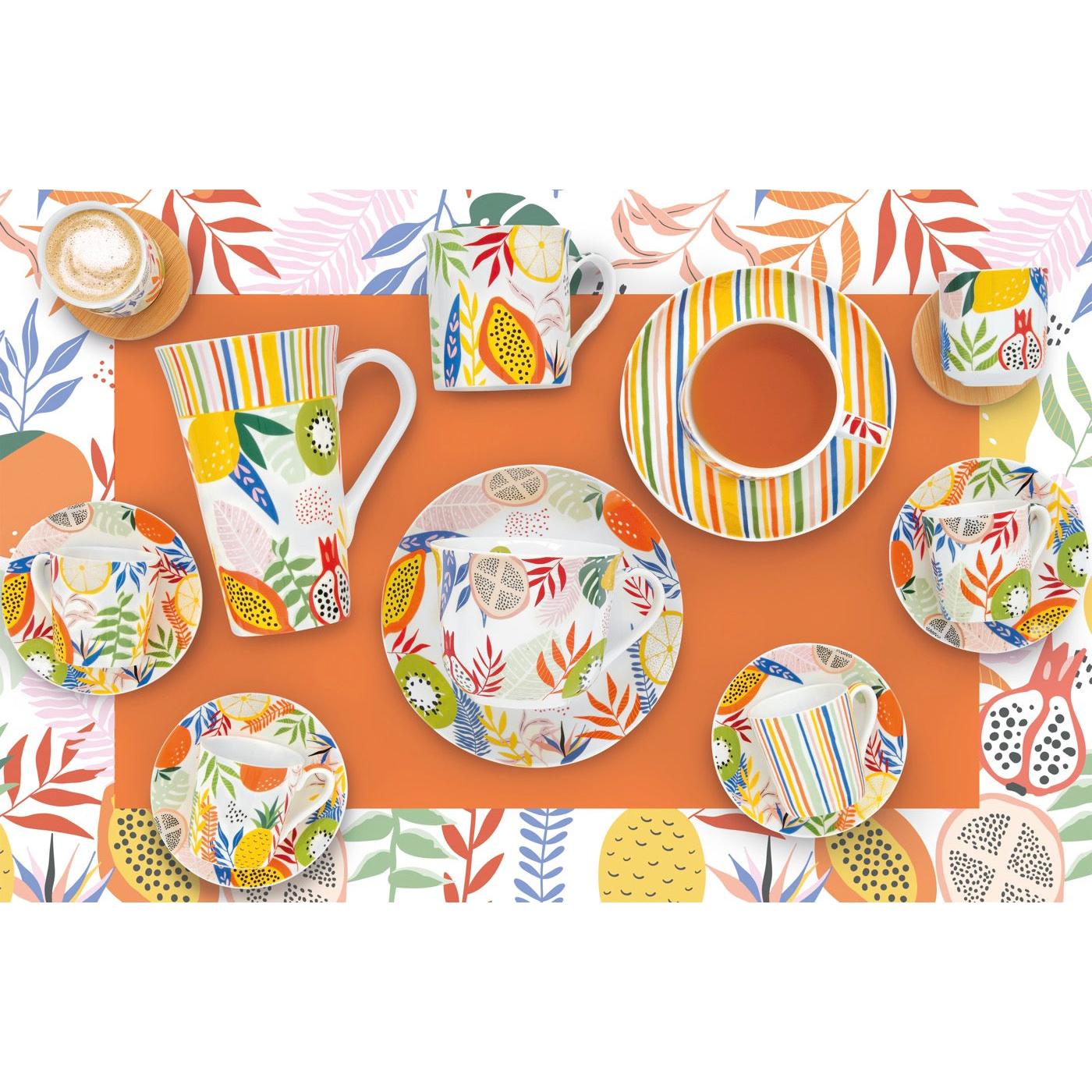 Tutti Frutti - Set De 6 Tasses À Café Avec Soucoupes En Bambou - Porcelaine Et Bambou - Multicolore