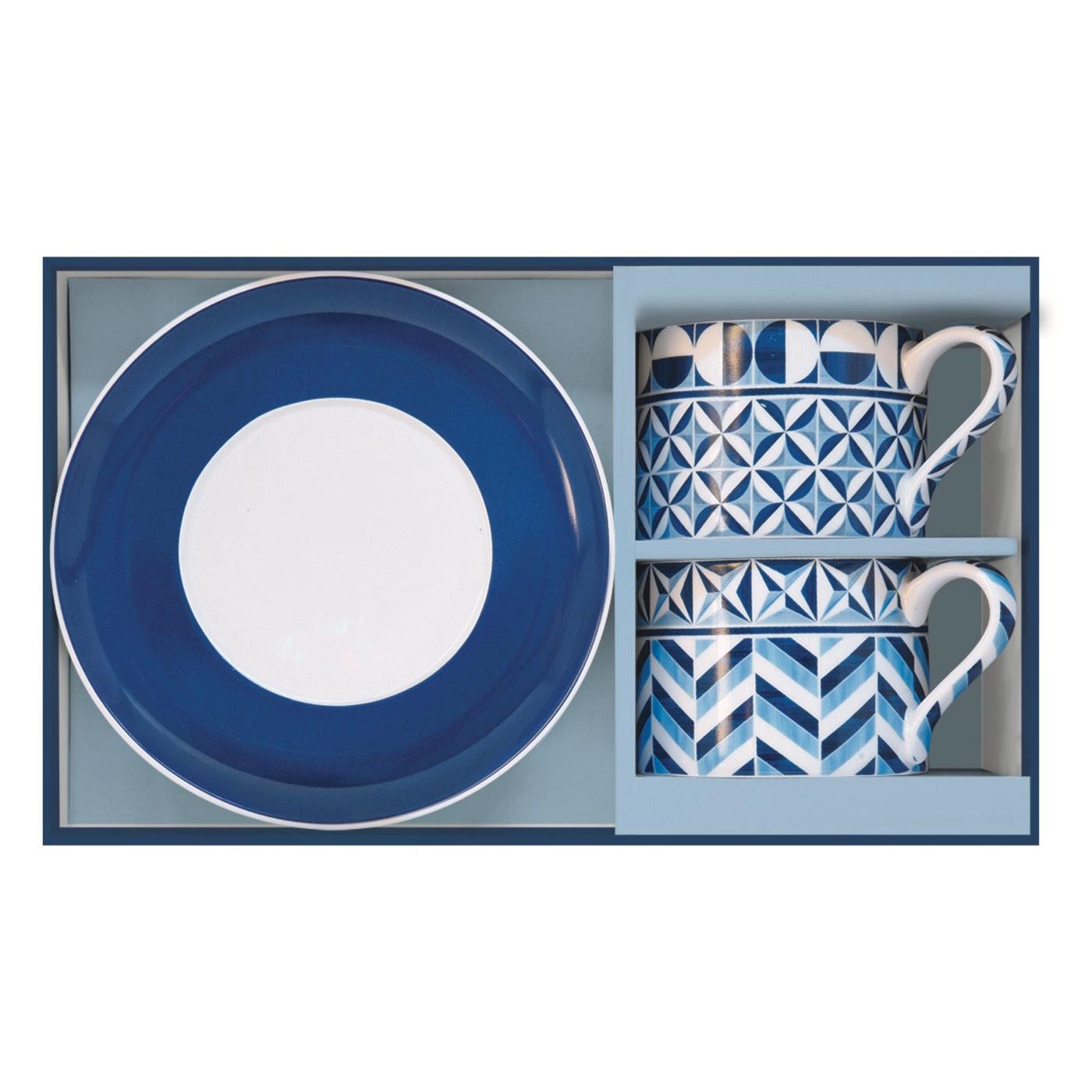 Geometric Blue - Set De 2 Tasses Avec Soucoupes - Porcelaine - Multicolore