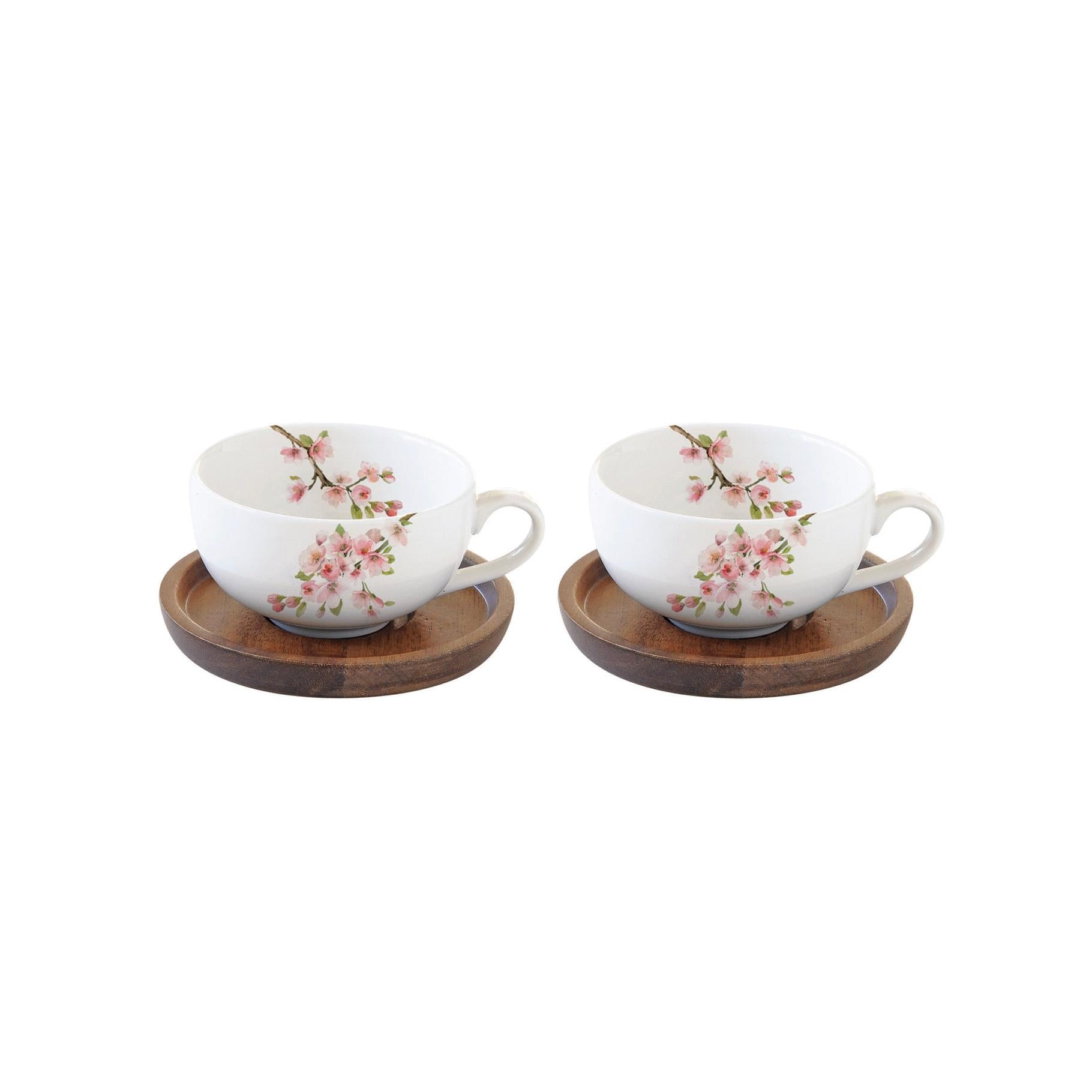Sakura - Set De 2 Tazas Con Platillos - Porcelana Y Acacia - Multicolor