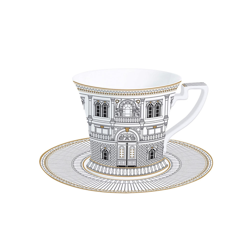 Palazzo - Taza Desayuno Con Platillo - Porcelana - Blanco, Negro Y Oro