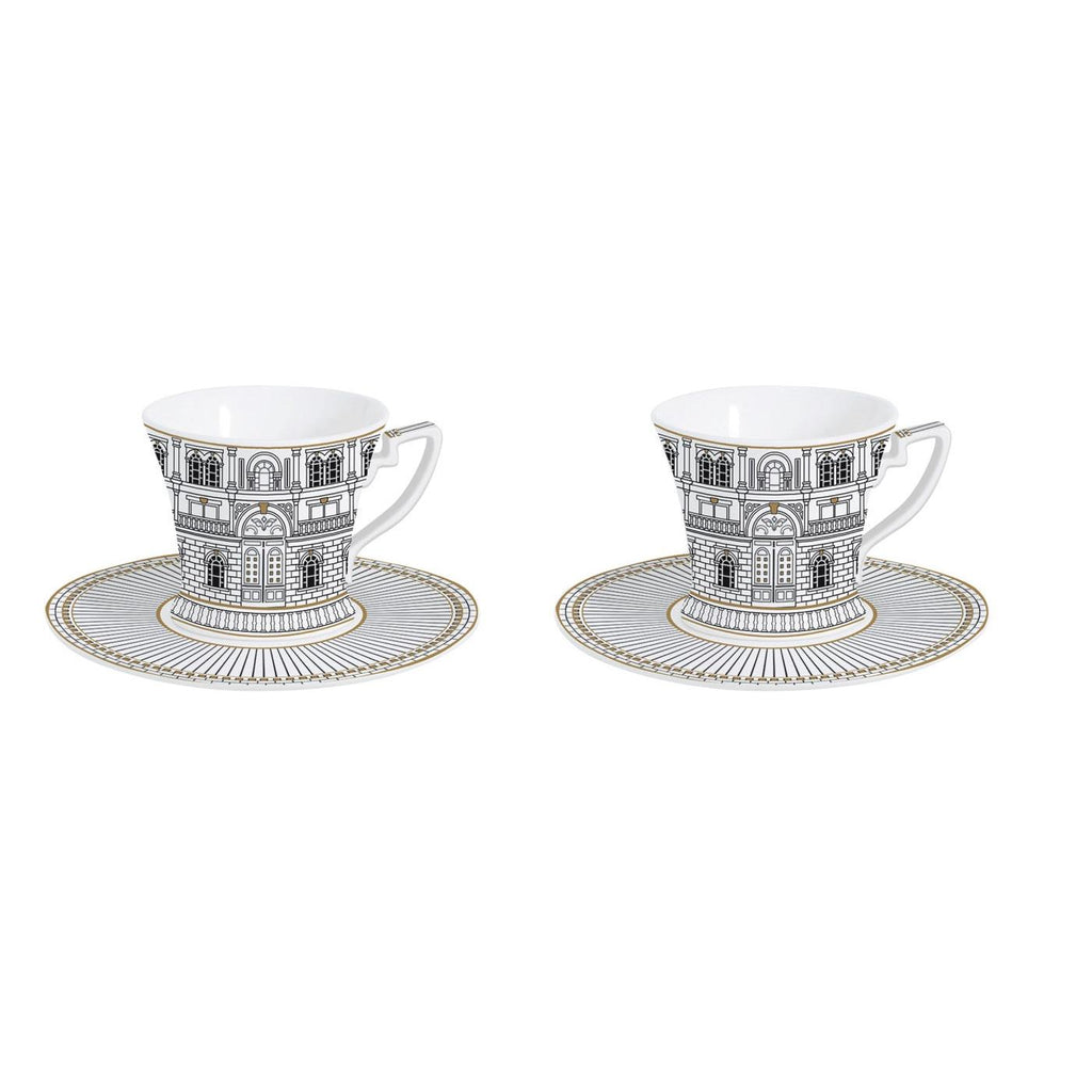 Palazzo - Set De 2 Tazas De Café Con Platillos - Porcelana - Blanco, Negro Y Oro