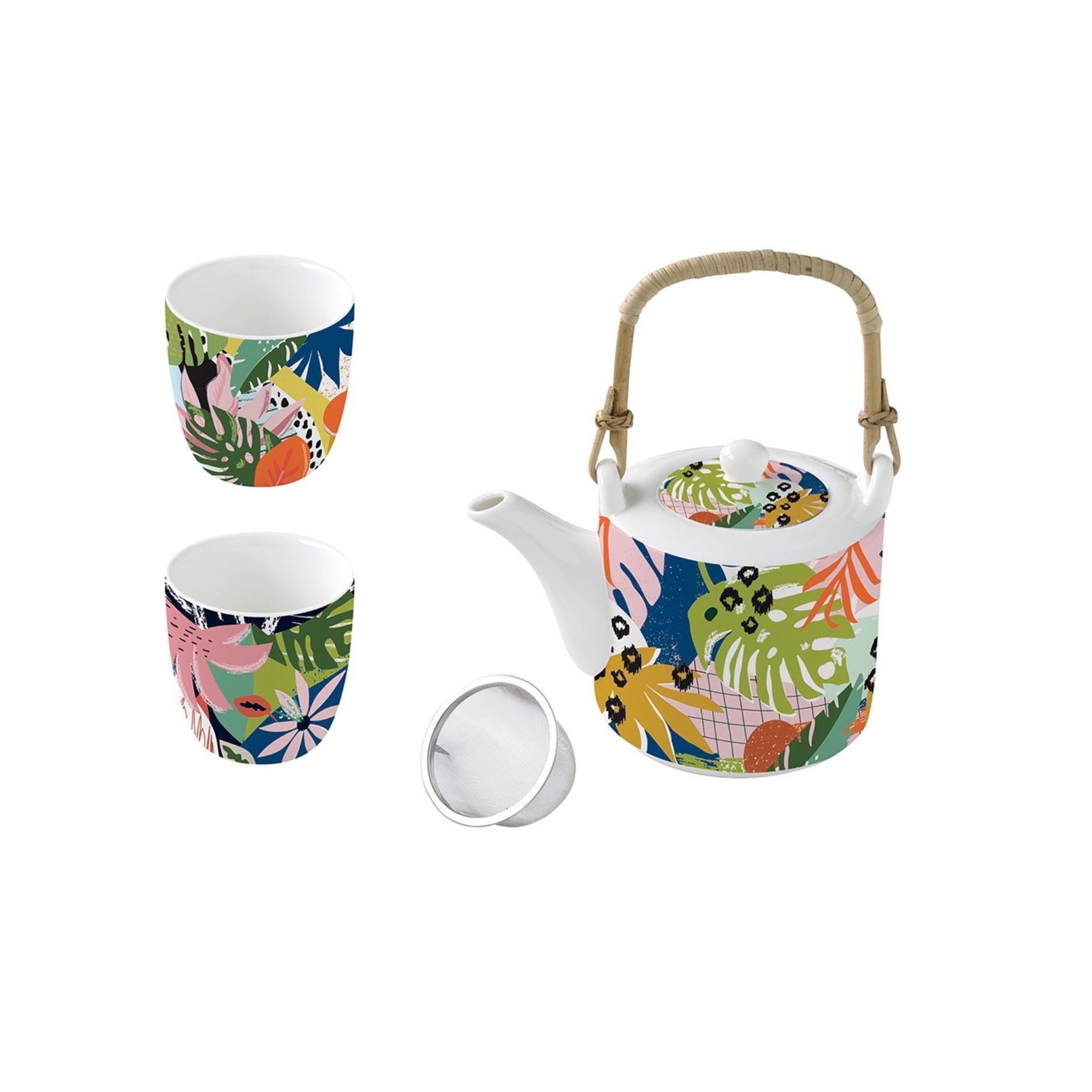 Tropical Vibes - Théière Avec Infuseur Métal Et 2 Tasses - Porcelaine - Multicolore
