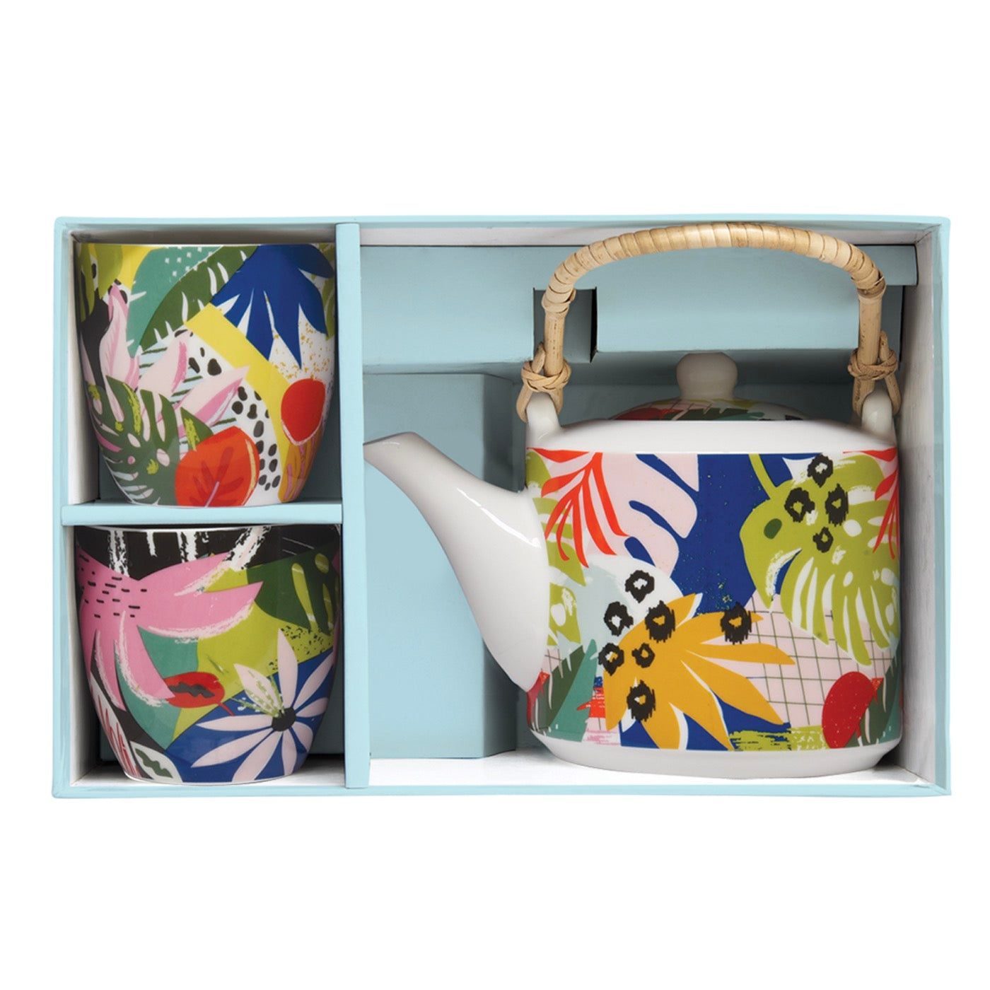 Tropical Vibes - Théière Avec Infuseur Métal Et 2 Tasses - Porcelaine - Multicolore