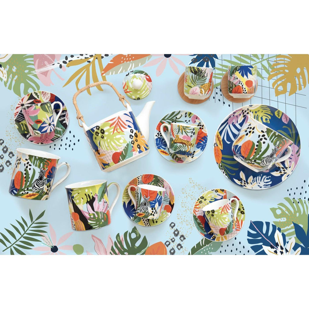 Tropical Vibes - Théière Avec Infuseur Métal Et 2 Tasses - Porcelaine - Multicolore