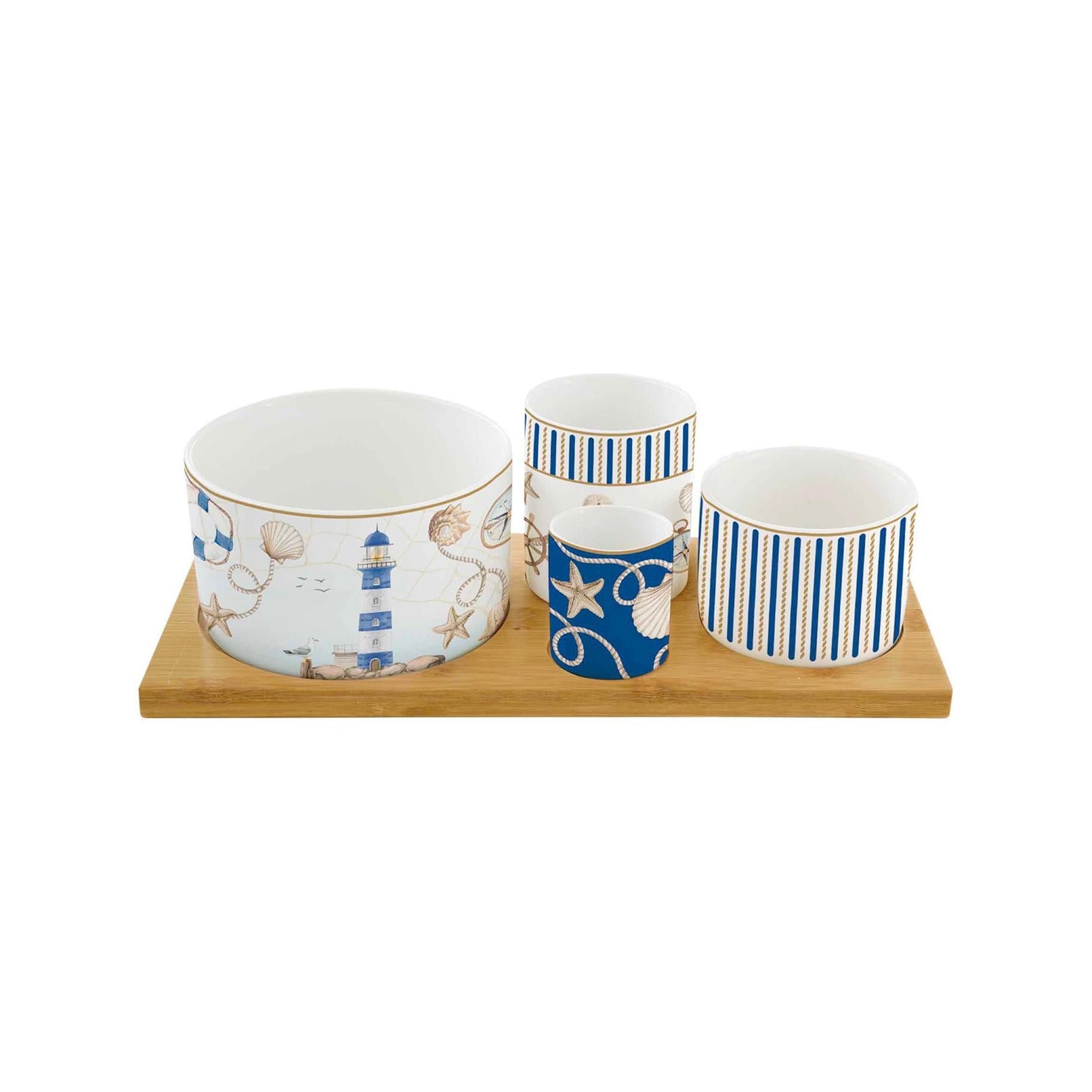 Blue Lighthouse - Set Apéritif Bambou Avec 4 Bols - Porcelaine Et Bambou - Multicolore