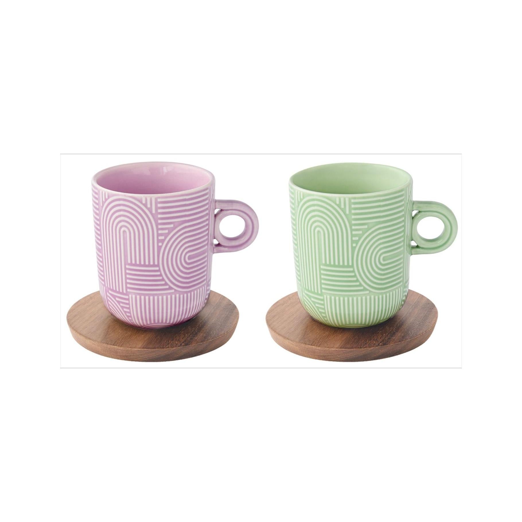 Take A Loop 3 - Set De 2 Mugs Avec Soucoupes - Porcelaine Et Acacia - Multicolore