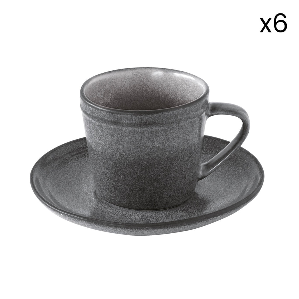 Essential - Set De 6 Tasses Avec Soucoupes - Grès - Gris Foncé