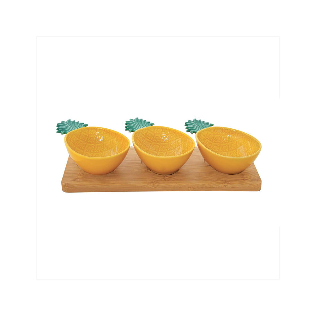Madagascar - Set Apéritif Plateau Bambou Et 3 Coupelles Ananas - Porcelaine Et Bambou - Jaune-Vert