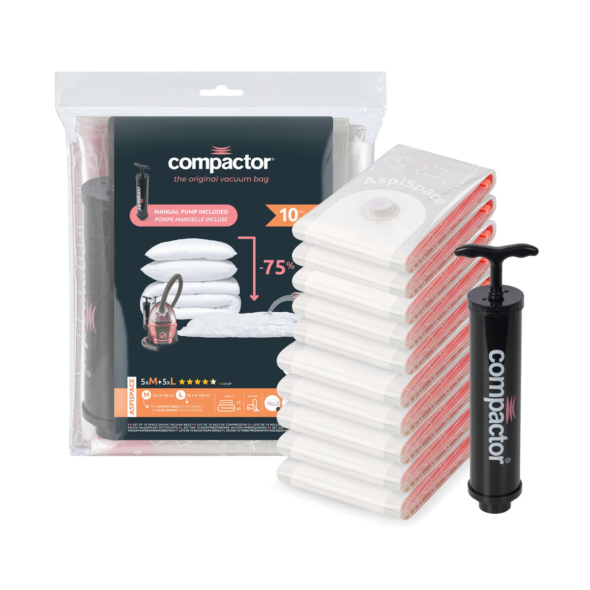 Lot 10 Sacs Rangement Sous Vide 5M + 5L Aspispace + Pompe