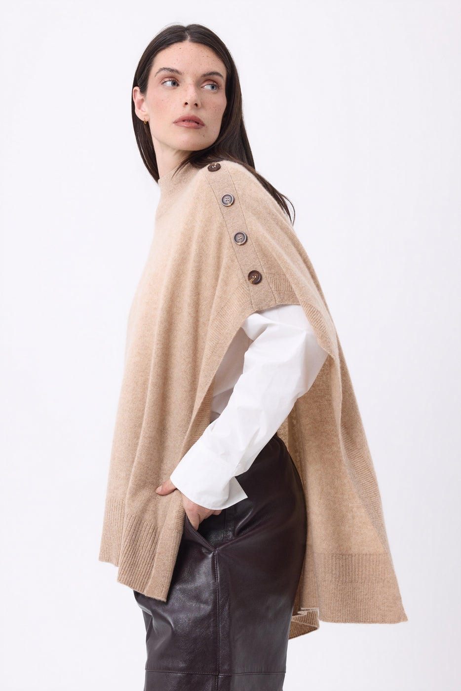 Reba Buttoned Poncho - Cream Beige - Women