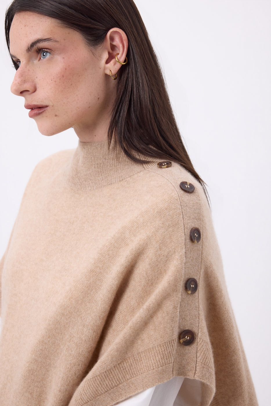 Reba Buttoned Poncho - Cream Beige - Women