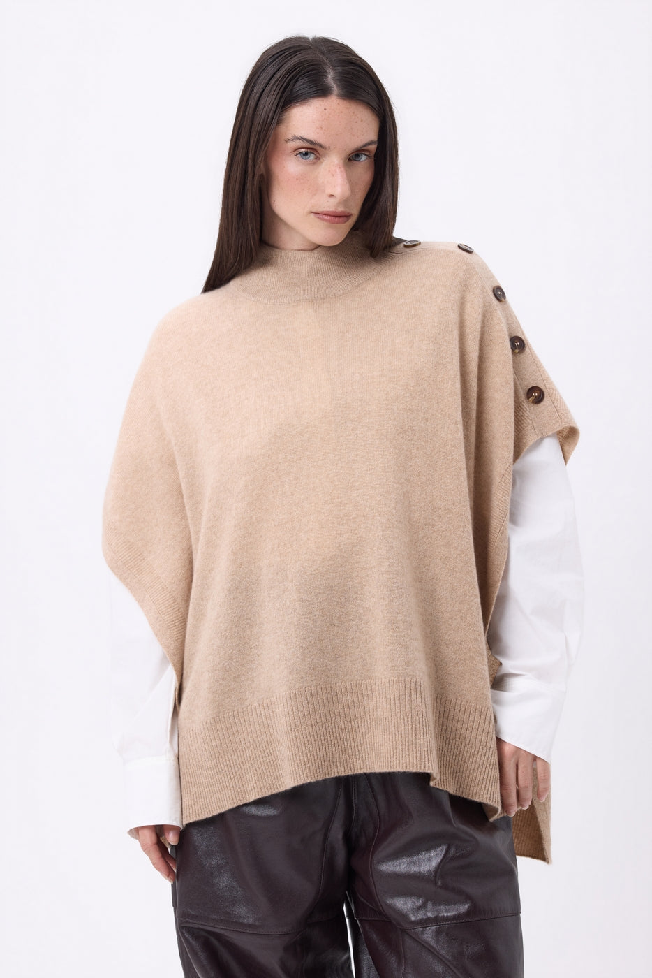 Reba Buttoned Poncho - Cream Beige - Women