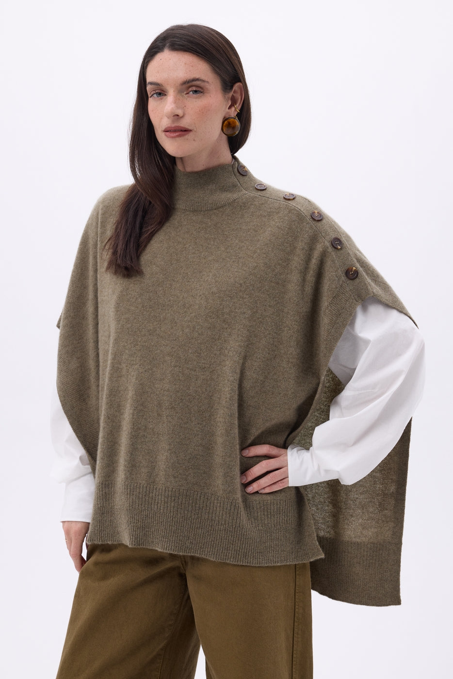 Poncho con botones Reba - Caqui jaspeado - Mujer