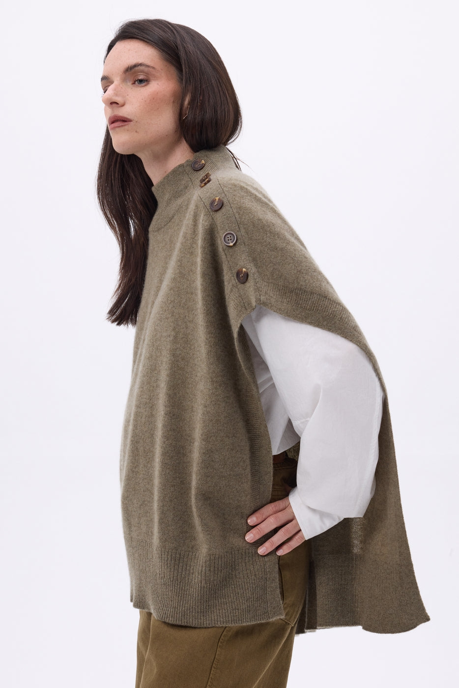 Poncho con botones Reba - Caqui jaspeado - Mujer
