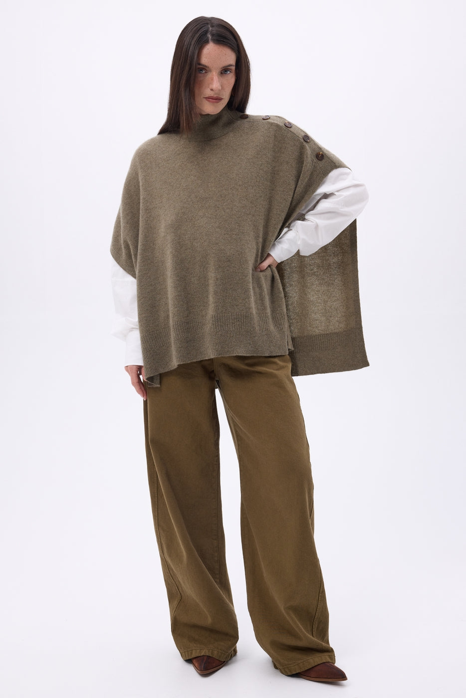 Poncho con botones Reba - Caqui jaspeado - Mujer